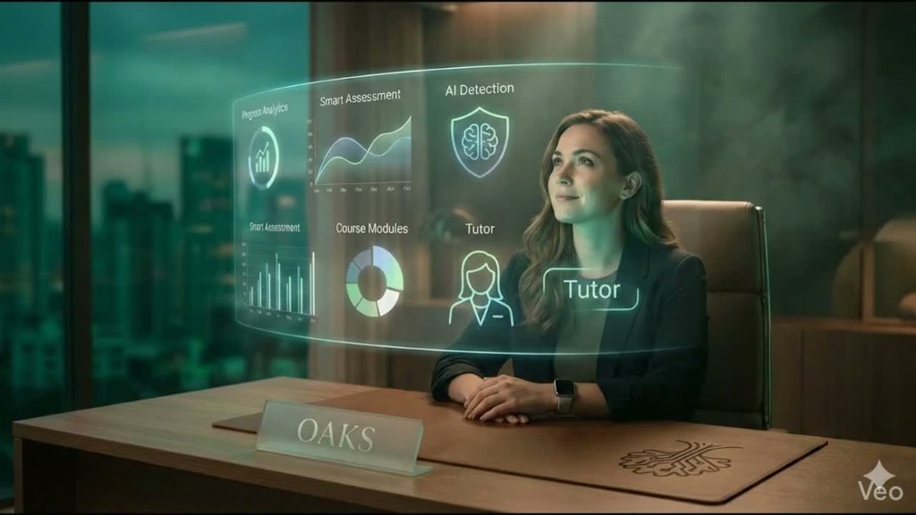 Training professional using Oaks LMS analytics, assessment, and course tools on a holographic display